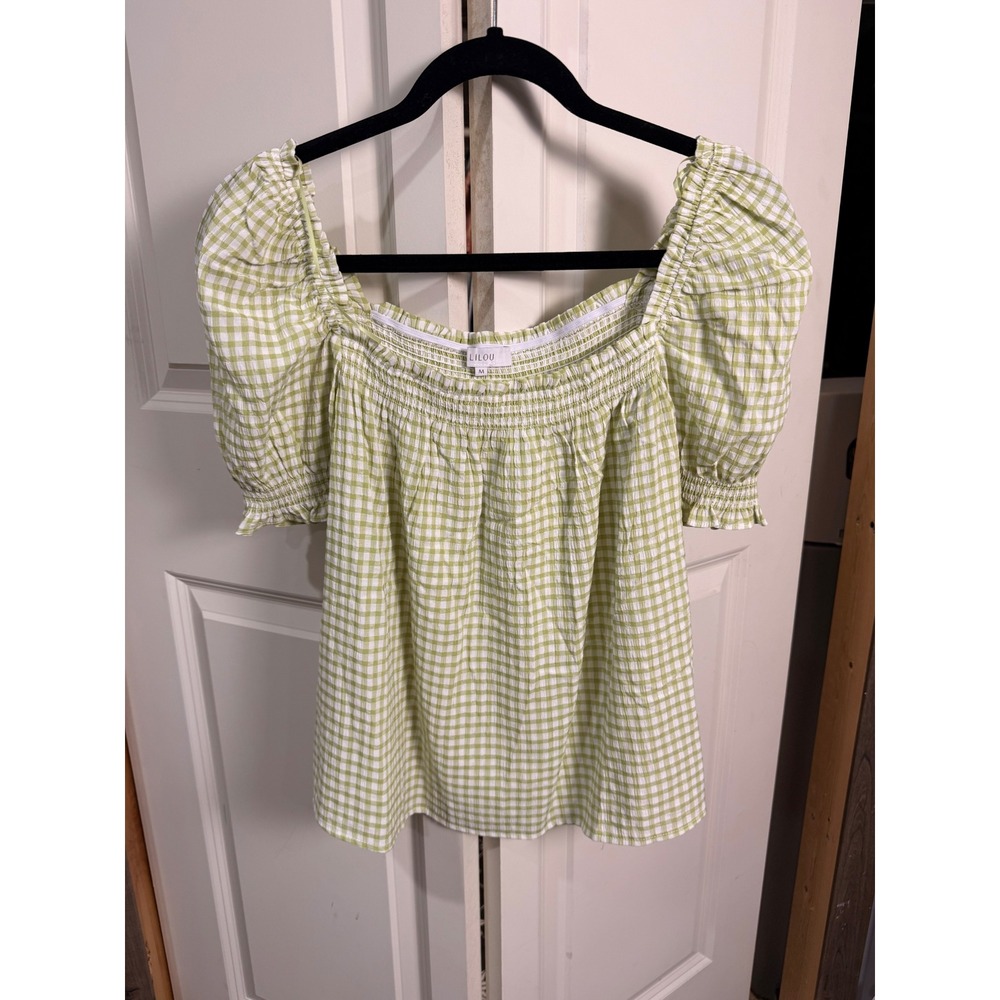 Lilou Green Gingham Puff Sleeve Smocked Square Neck Blouse Top Medium